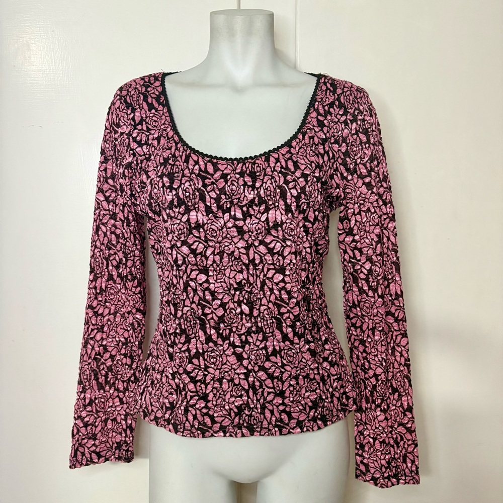 Vintage 90s INC Pink Brown Rose Print Lace Scoop Neck Long Sleeve Top